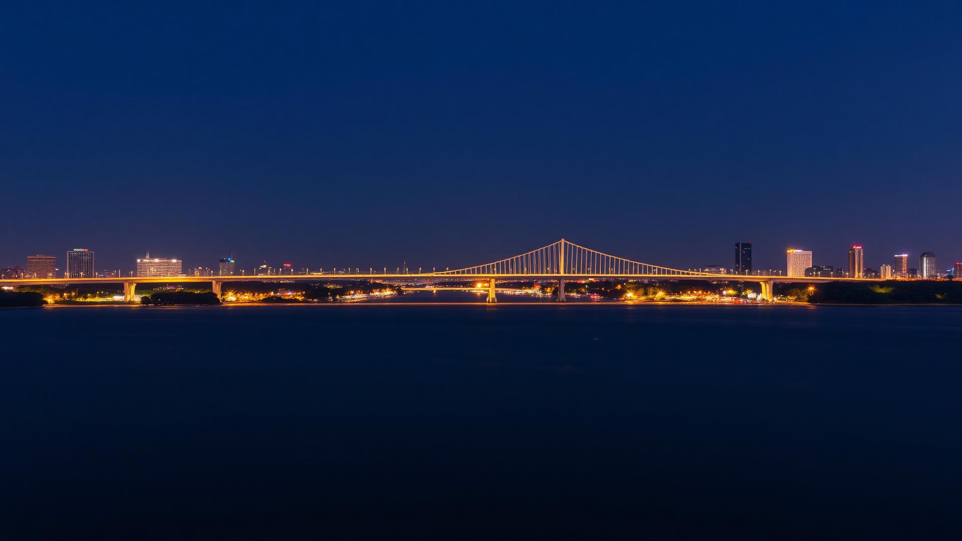 Ponte internacional iluminada conectando Brasil e Paraguai ao anoitecer